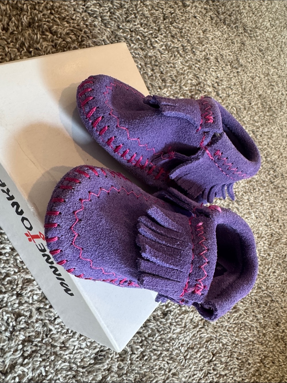 Minnetonka Purple Moccasin Baby Booties with Pink Stitching